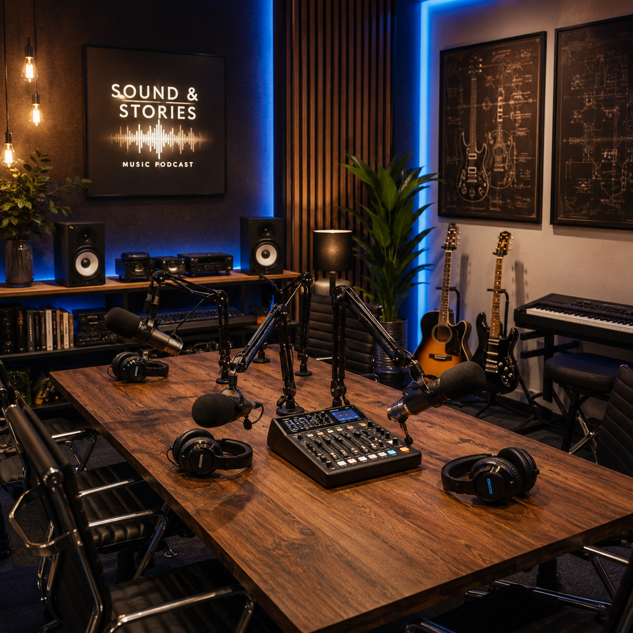 Estudio musical de podcast con micrófonos y equipo de grabación